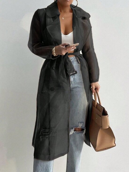 Jackets & Blazers - Dark Grey Casual Women's Sheer Mesh Long Sleeve Tie-Front Trench Coat